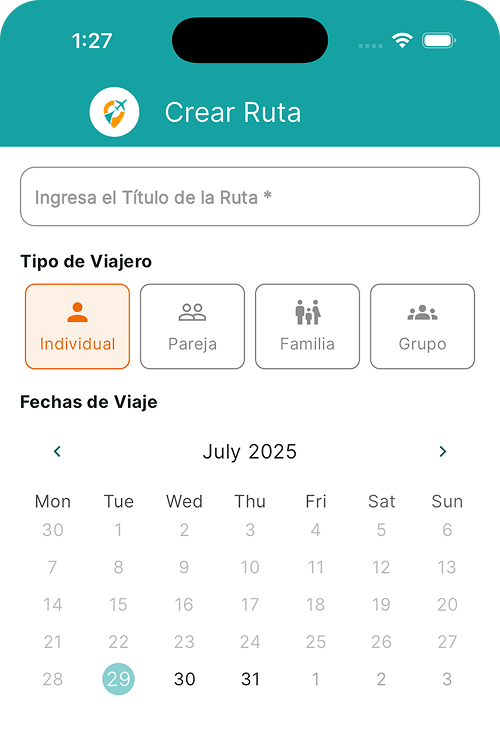 Easy Nomad app Crear Ruta screen Easy Nomad app Crear Ruta screen