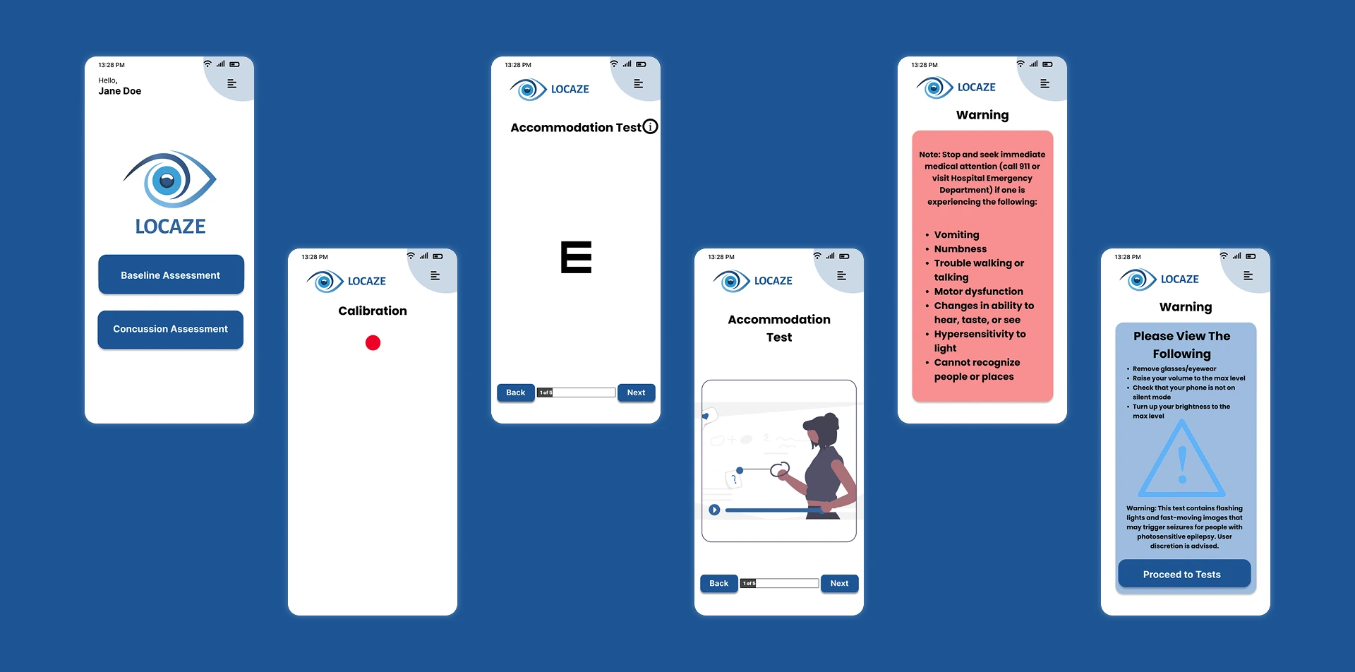 Locaze mobile app screens showing sports vision assessment and concussion test results