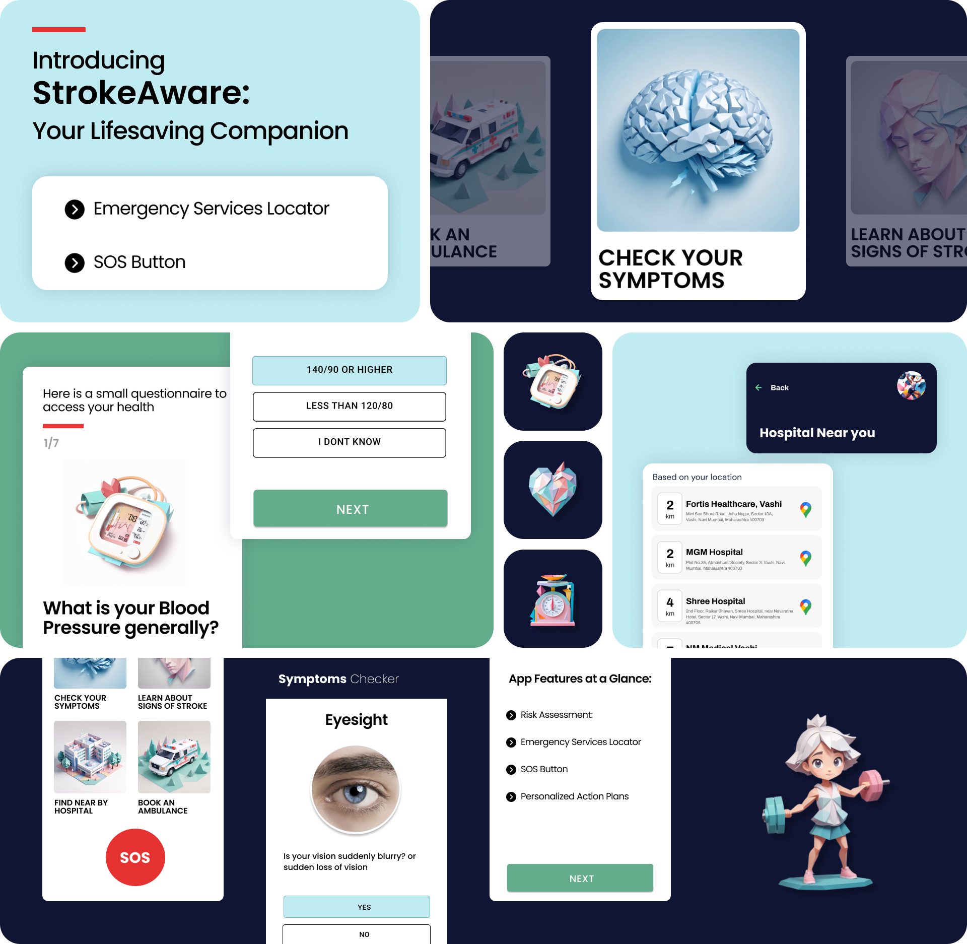 StrokeAware mobile app screens showing stroke risk assessment and symptom detection